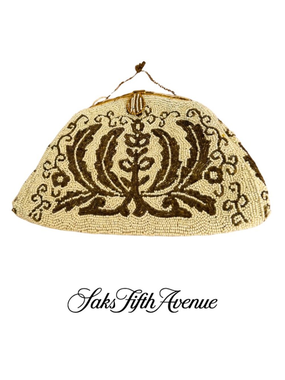 Vintage Saks Fifth Avenue Beaded Evening Bag Made in France Ivory Gold Clutch